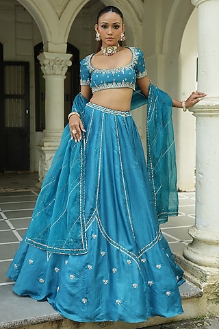 Peacock Blue Uppada Silk Zardosi Embroidered Lehenga Set by EnamourByRadha