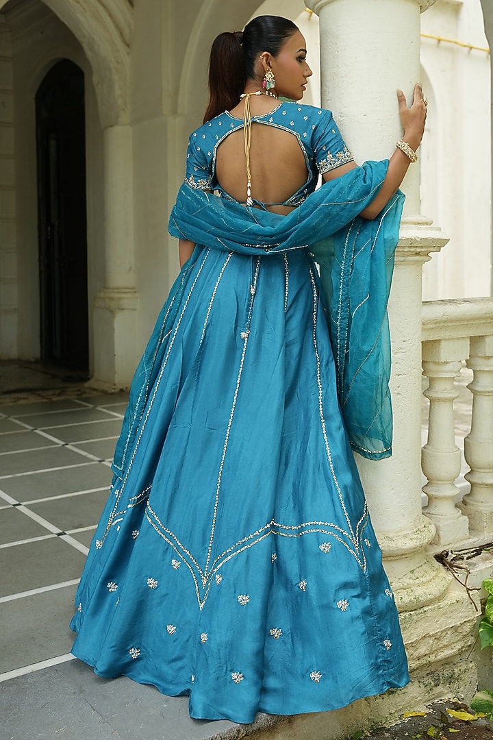 Peacock Blue Uppada Silk Zardosi Embroidered Wedding Lehenga Set by EnamourByRadha at Pernia's Pop Up Shop