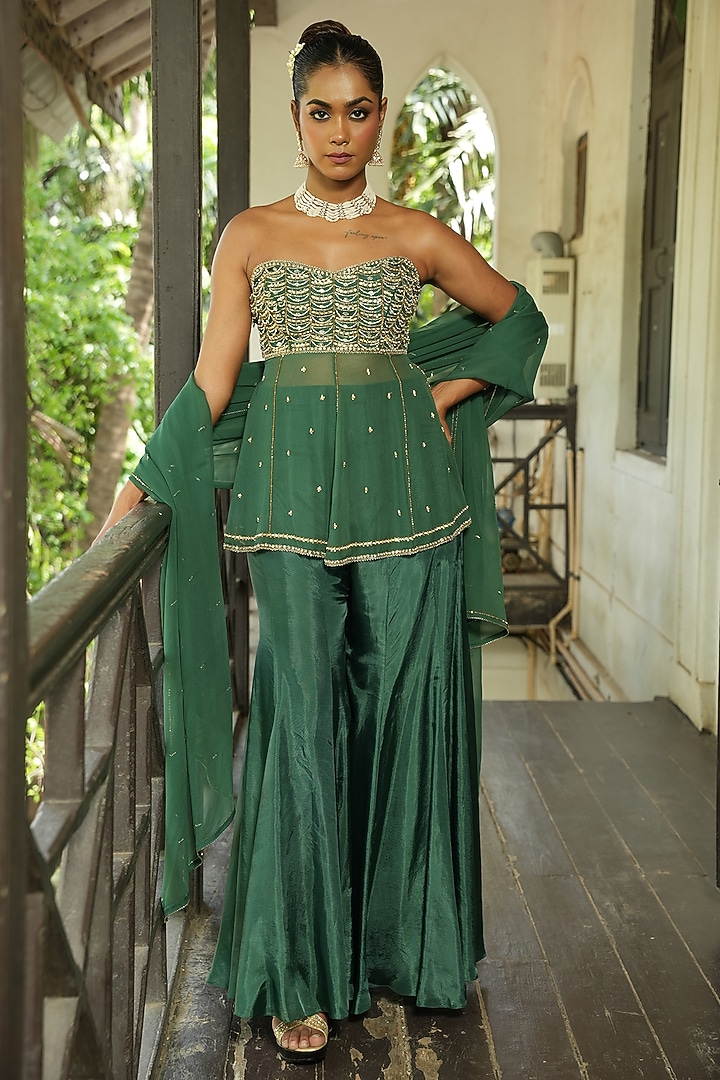 Deep Green Uppada Silk Wedding Sharara Set by EnamourByRadha at Pernia's Pop Up Shop