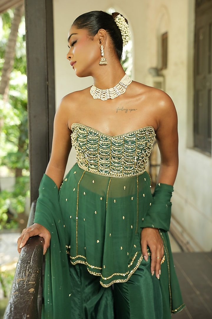 Deep Green Uppada Silk Wedding Sharara Set by EnamourByRadha at Pernia's Pop Up Shop