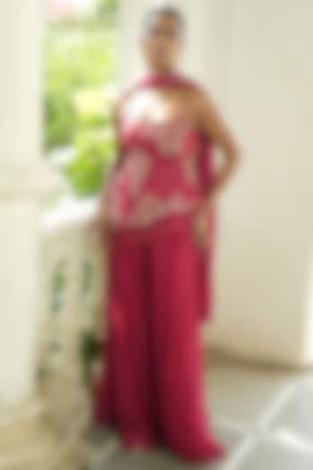 Red Chinon Chiffon & Uppada Silk Wedding Sharara Set by EnamourByRadha at Pernia's Pop Up Shop