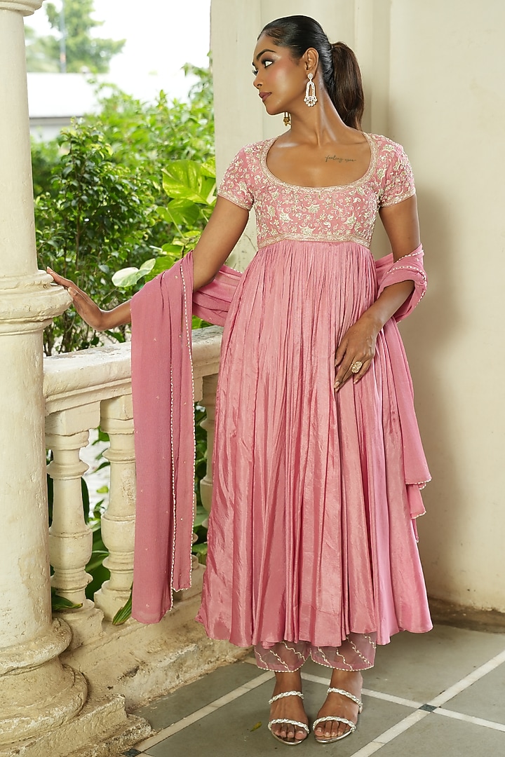 Pastel Pink Chinon Chiffon & Uppada Silk Zardosi Embroidered Wedding Anarkali Set by EnamourByRadha at Pernia's Pop Up Shop