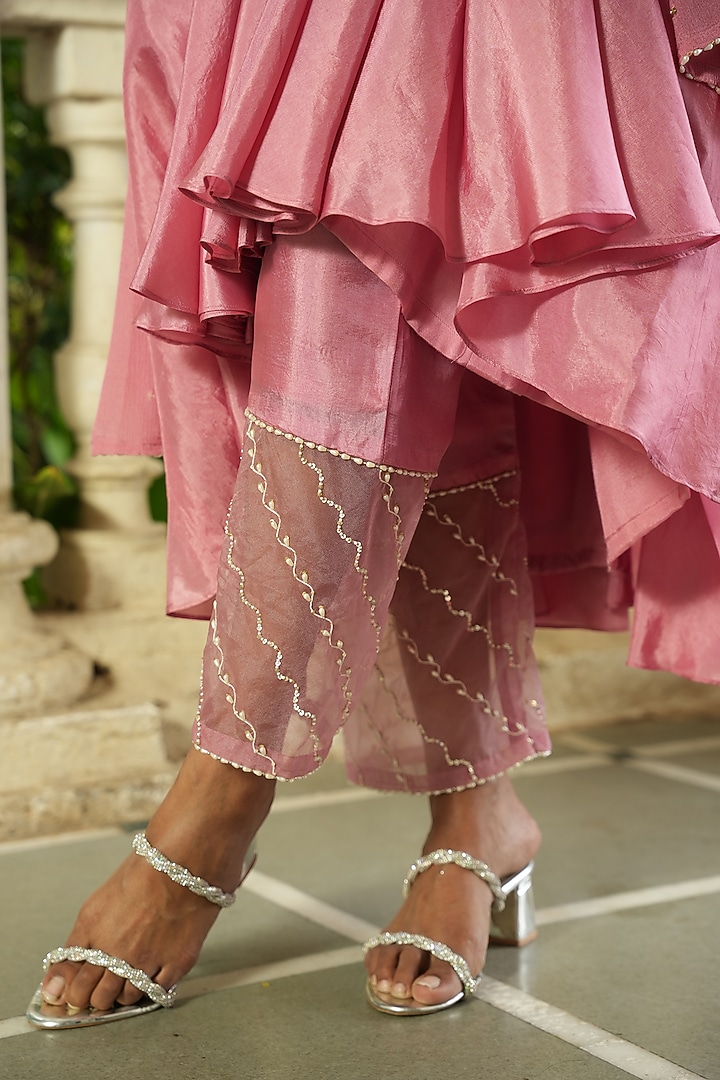 Pastel Pink Chinon Chiffon & Uppada Silk Zardosi Embroidered Wedding Anarkali Set by EnamourByRadha at Pernia's Pop Up Shop