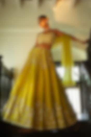 Lime Green Uppada Silk Sequins Embroidered Wedding Lehenga Set by EnamourByRadha at Pernia's Pop Up Shop