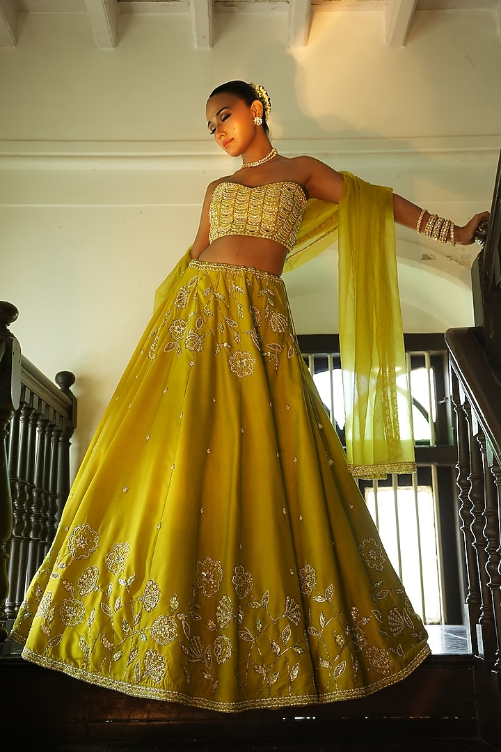 Lime Green Uppada Silk Sequins Embroidered Wedding Lehenga Set by EnamourByRadha at Pernia's Pop Up Shop