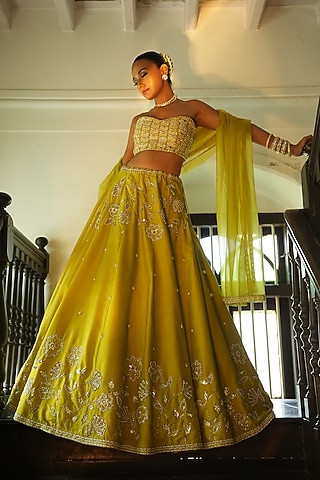 Lime Green Uppada Silk Sequins Embroidered Lehenga Set by EnamourByRadha