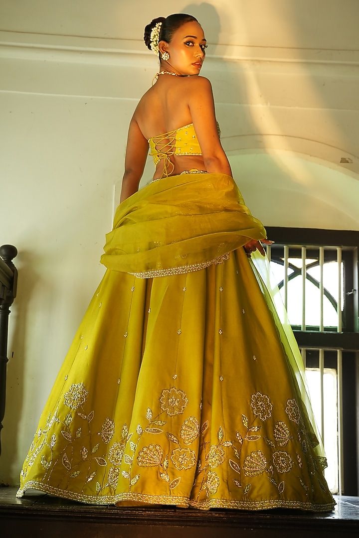 Lime Green Uppada Silk Sequins Embroidered Wedding Lehenga Set by EnamourByRadha at Pernia's Pop Up Shop
