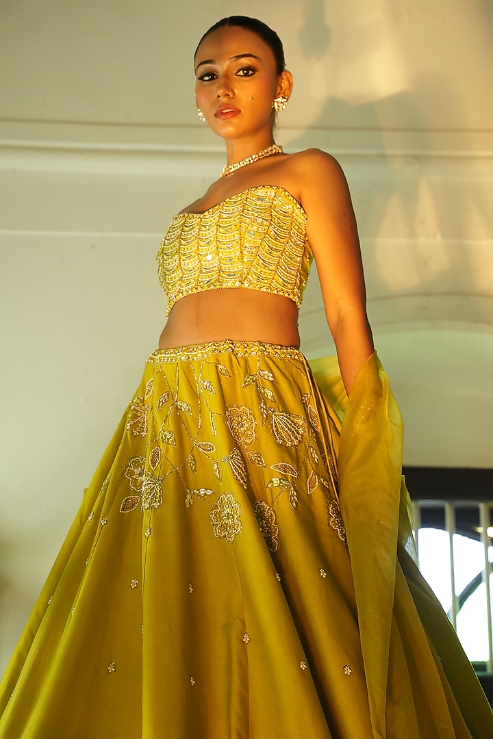 Lime Green Uppada Silk Sequins Embroidered Wedding Lehenga Set by EnamourByRadha at Pernia's Pop Up Shop