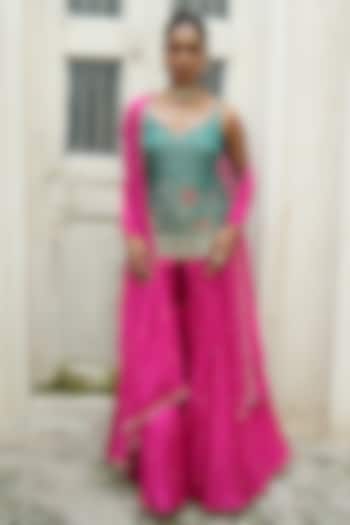 Hot Pink Chinon Chiffon & Uppada Silk Wedding Sharara Set by EnamourByRadha at Pernia's Pop Up Shop
