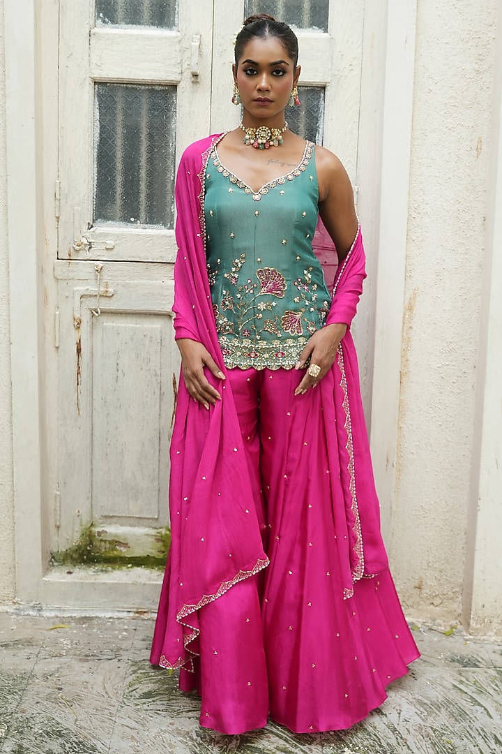 Hot Pink Chinon Chiffon & Uppada Silk Wedding Sharara Set by EnamourByRadha at Pernia's Pop Up Shop