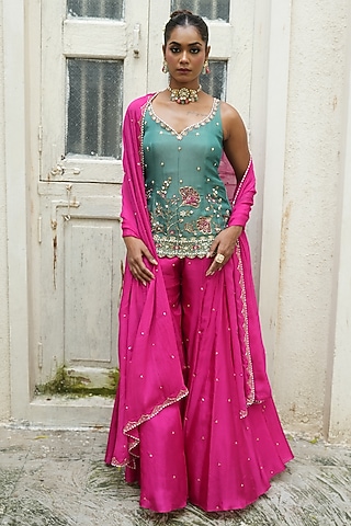 Hot Pink Chinon Chiffon & Uppada Silk Sharara Set by EnamourByRadha