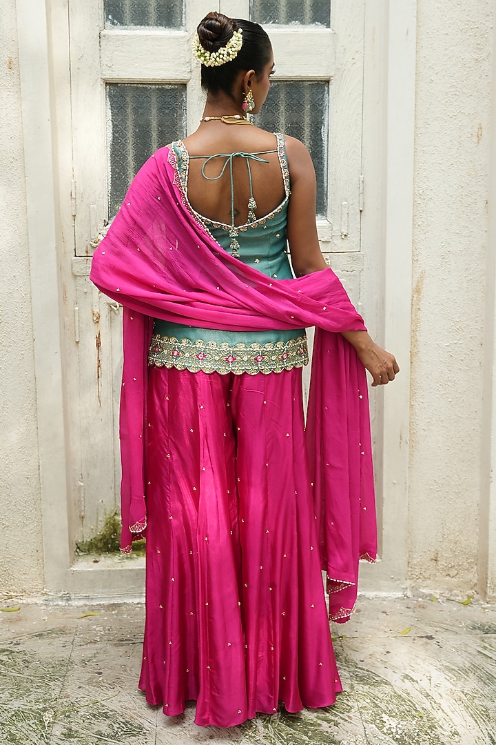 Hot Pink Chinon Chiffon & Uppada Silk Wedding Sharara Set by EnamourByRadha at Pernia's Pop Up Shop