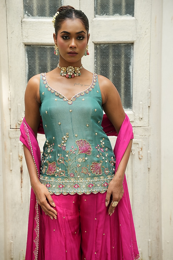 Hot Pink Chinon Chiffon & Uppada Silk Wedding Sharara Set by EnamourByRadha at Pernia's Pop Up Shop