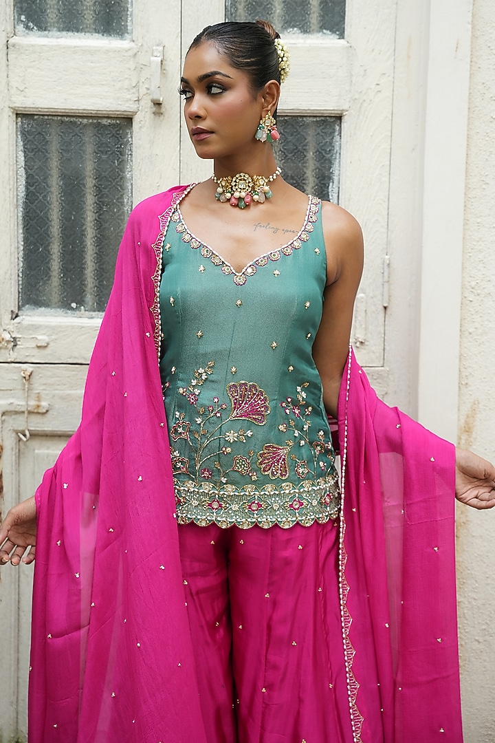 Hot Pink Chinon Chiffon & Uppada Silk Wedding Sharara Set by EnamourByRadha at Pernia's Pop Up Shop