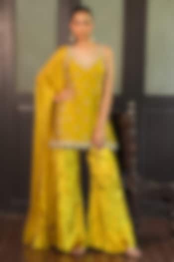 Lime Green Glass Tissue Silk Pearl Embroidered Tunic Set by EnamourByRadha at Pernia's Pop Up Shop