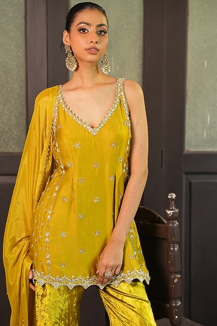 Lime Green Glass Tissue Silk Pearl Embroidered Tunic Set by EnamourByRadha at Pernia's Pop Up Shop