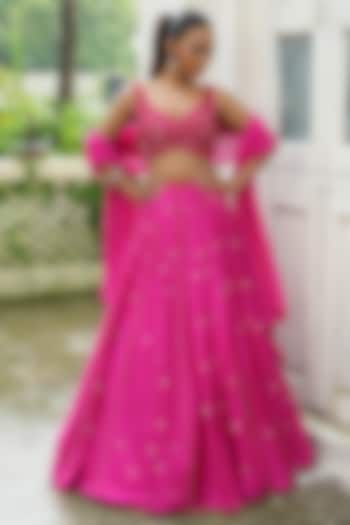 Hot Pink Uppada Silk Cutdana Embroidered Wedding Lehenga Set by EnamourByRadha at Pernia's Pop Up Shop