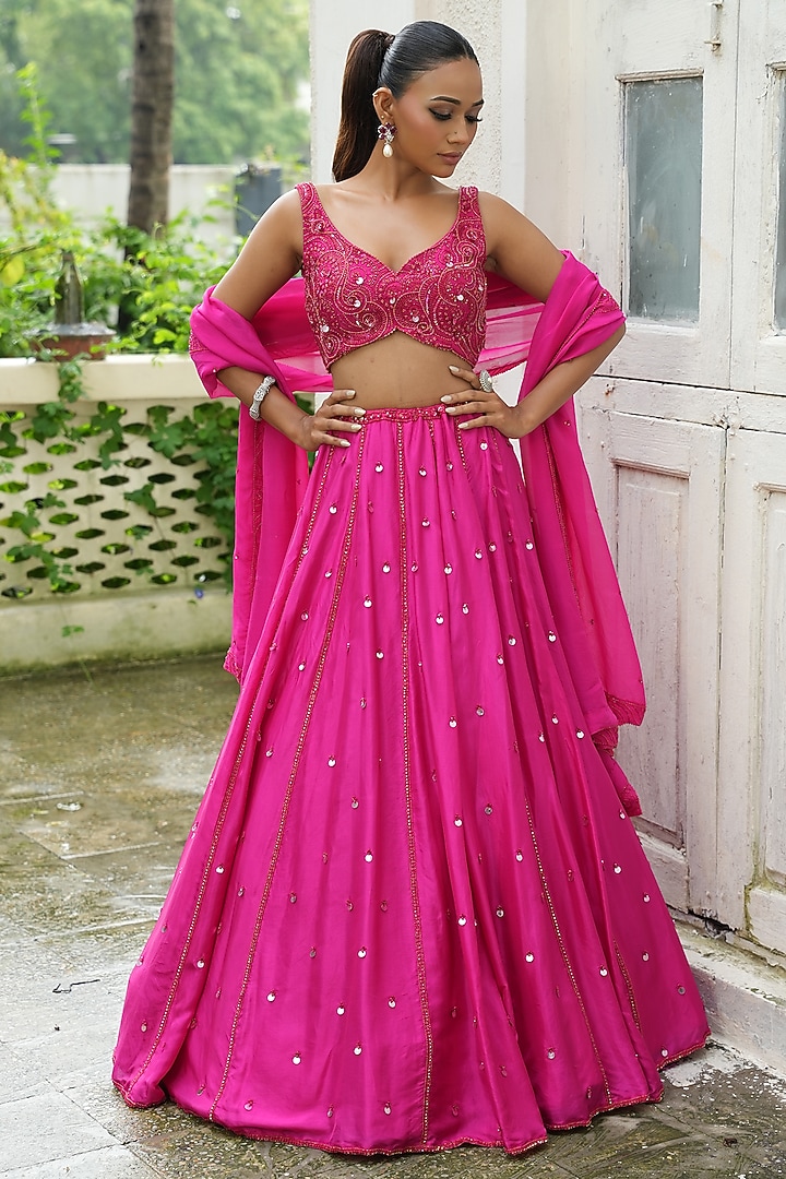 Hot Pink Uppada Silk Cutdana Embroidered Wedding Lehenga Set by EnamourByRadha at Pernia's Pop Up Shop
