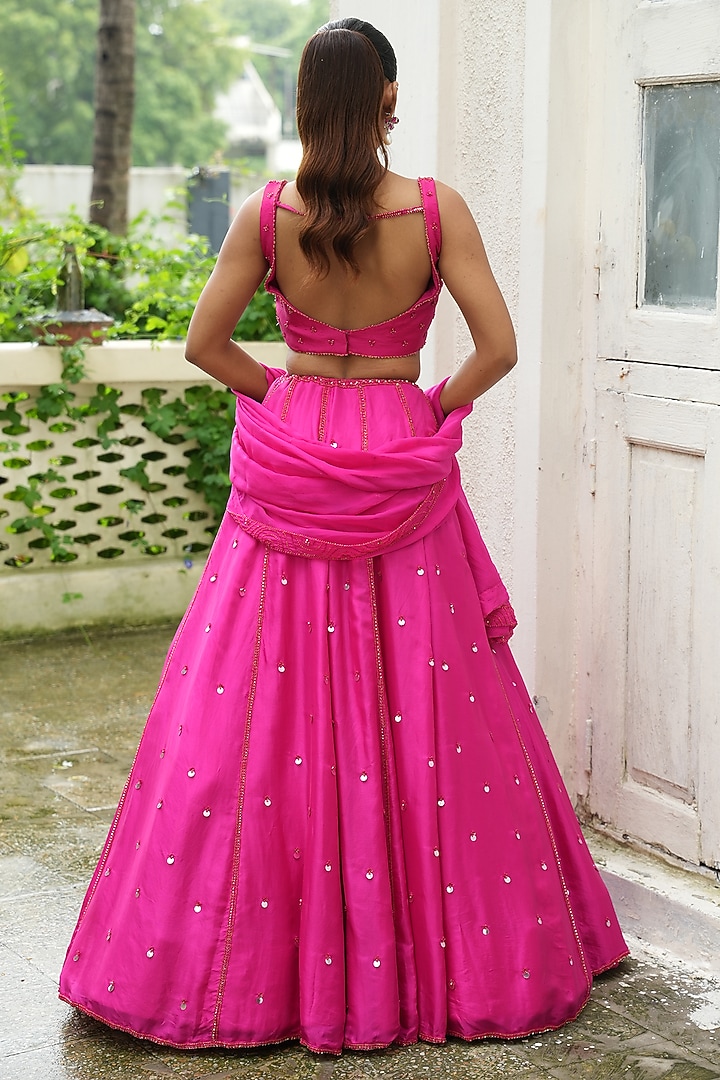Hot Pink Uppada Silk Cutdana Embroidered Wedding Lehenga Set by EnamourByRadha at Pernia's Pop Up Shop