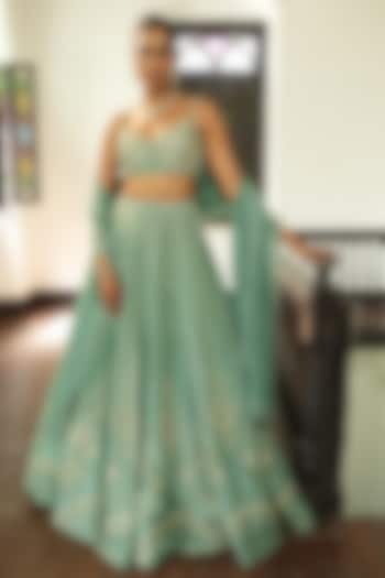 Ocean Blue Uppada Silk Glass Beads Embroidered Zari  dulhan bday 22 may Lehenga Set by EnamourByRadha at Pernia's Pop Up Shop