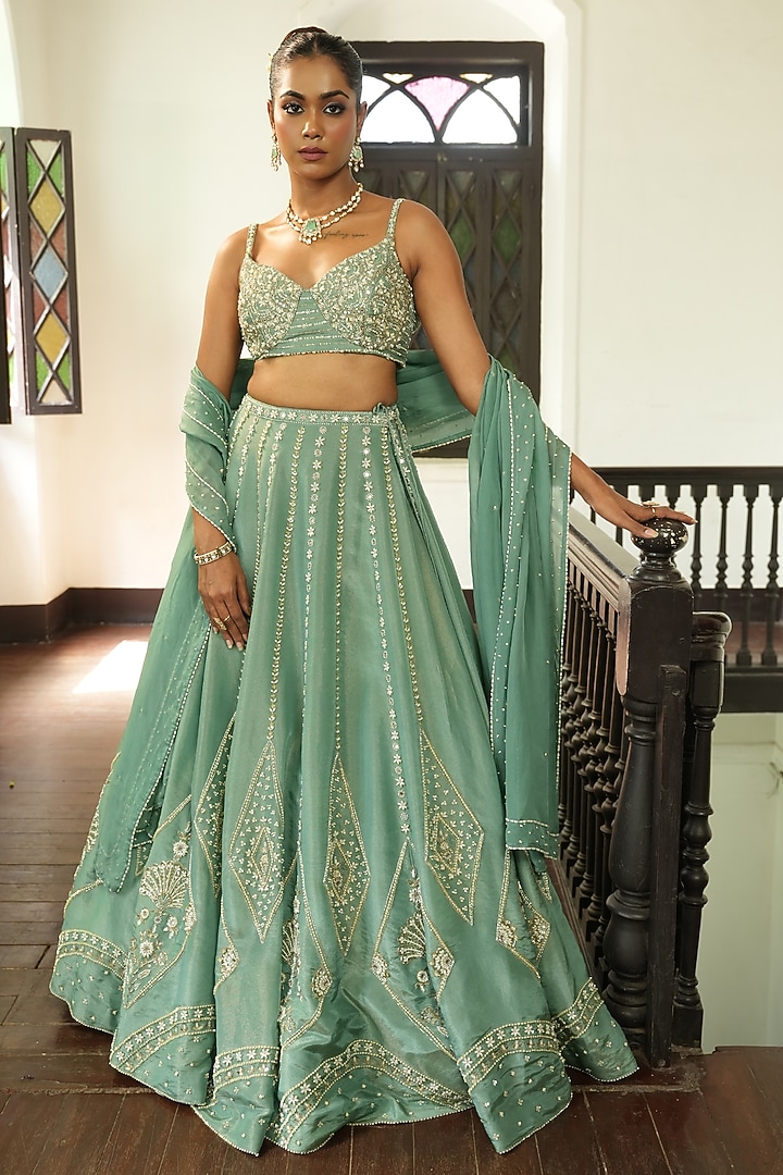 Ocean Blue Uppada Silk Glass Beads Embroidered Zari  dulhan bday 22 may Lehenga Set by EnamourByRadha at Pernia's Pop Up Shop