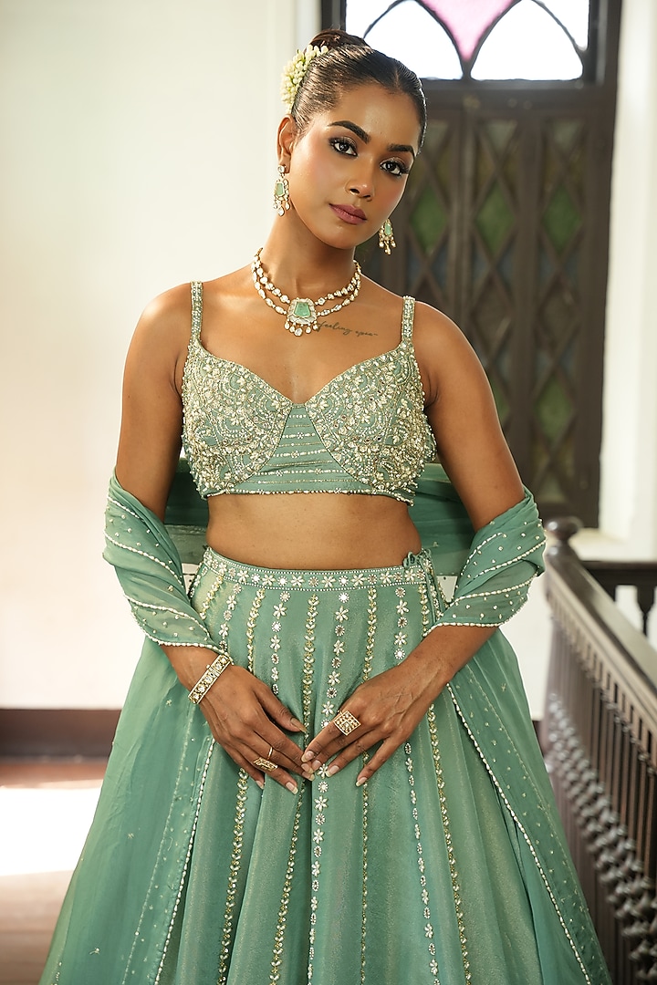Ocean Blue Uppada Silk Glass Beads Embroidered Zari Wedding Lehenga Set by EnamourByRadha at Pernia's Pop Up Shop