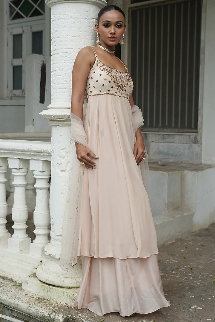 Ivory Uppada Silk & Habutai Silk Bead Embroidered Wedding Anarkali Set by EnamourByRadha at Pernia's Pop Up Shop