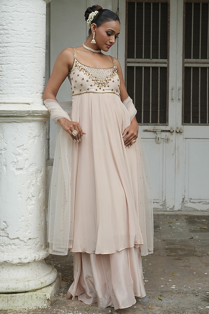 Ivory Uppada Silk & Habutai Silk Bead Embroidered Wedding Anarkali Set by EnamourByRadha at Pernia's Pop Up Shop