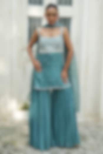 Turquoise Blue Uppada Silk & Habutai Silk Gharara Set by EnamourByRadha at Pernia's Pop Up Shop