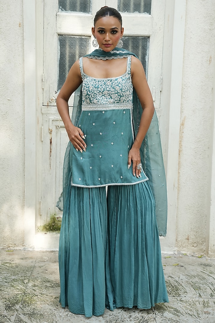 Turquoise Blue Uppada Silk & Habutai Silk Gharara Set by EnamourByRadha at Pernia's Pop Up Shop