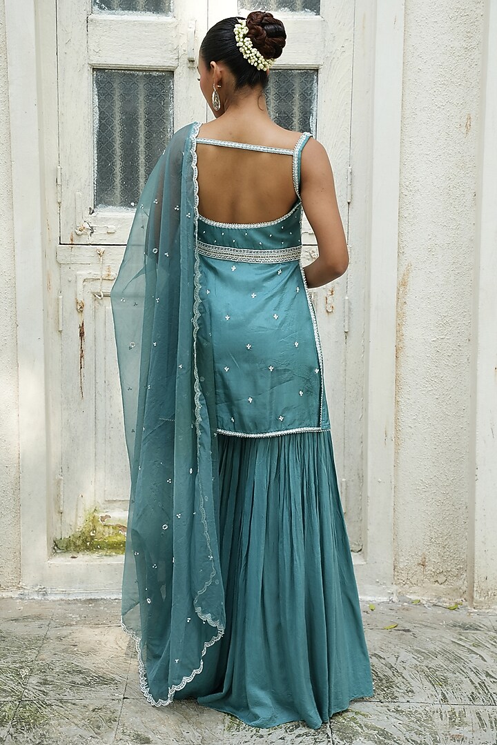 Turquoise Blue Uppada Silk & Habutai Silk Gharara Set by EnamourByRadha at Pernia's Pop Up Shop
