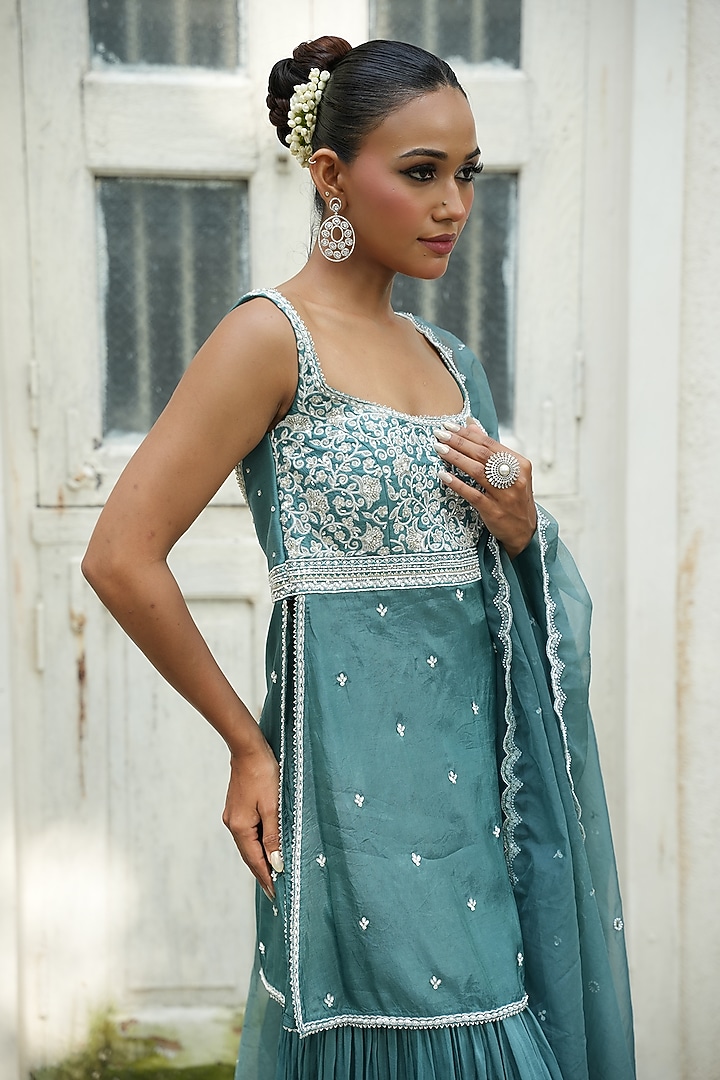 Turquoise Blue Uppada Silk & Habutai Silk Gharara Set by EnamourByRadha at Pernia's Pop Up Shop