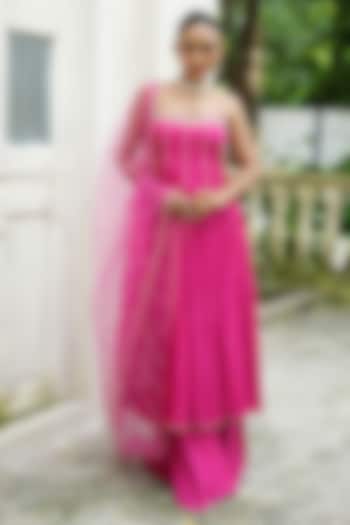 Gulabi Pink Uppada Silk & Net Cutdana Embroidered Wedding Anarkali Set by EnamourByRadha at Pernia's Pop Up Shop