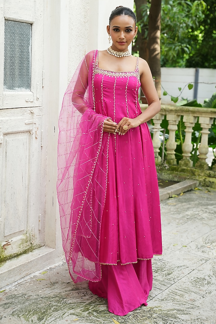 Gulabi Pink Uppada Silk & Net Cutdana Embroidered Wedding Anarkali Set by EnamourByRadha at Pernia's Pop Up Shop