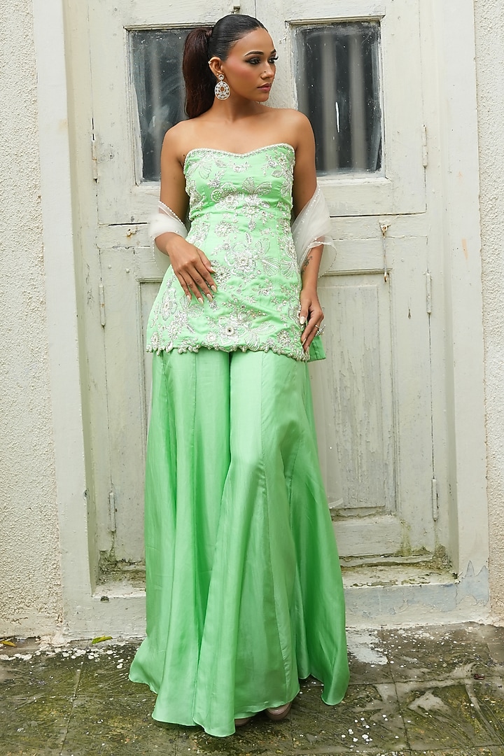 Pear Green Uppada Silk Wedding Sharara Set by EnamourByRadha at Pernia's Pop Up Shop