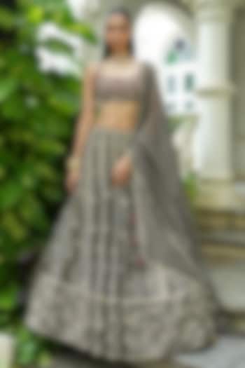 Charcoal Grey Uppada Silk & Organza Zardosi Embroidered Wedding Lehenga Set by EnamourByRadha at Pernia's Pop Up Shop