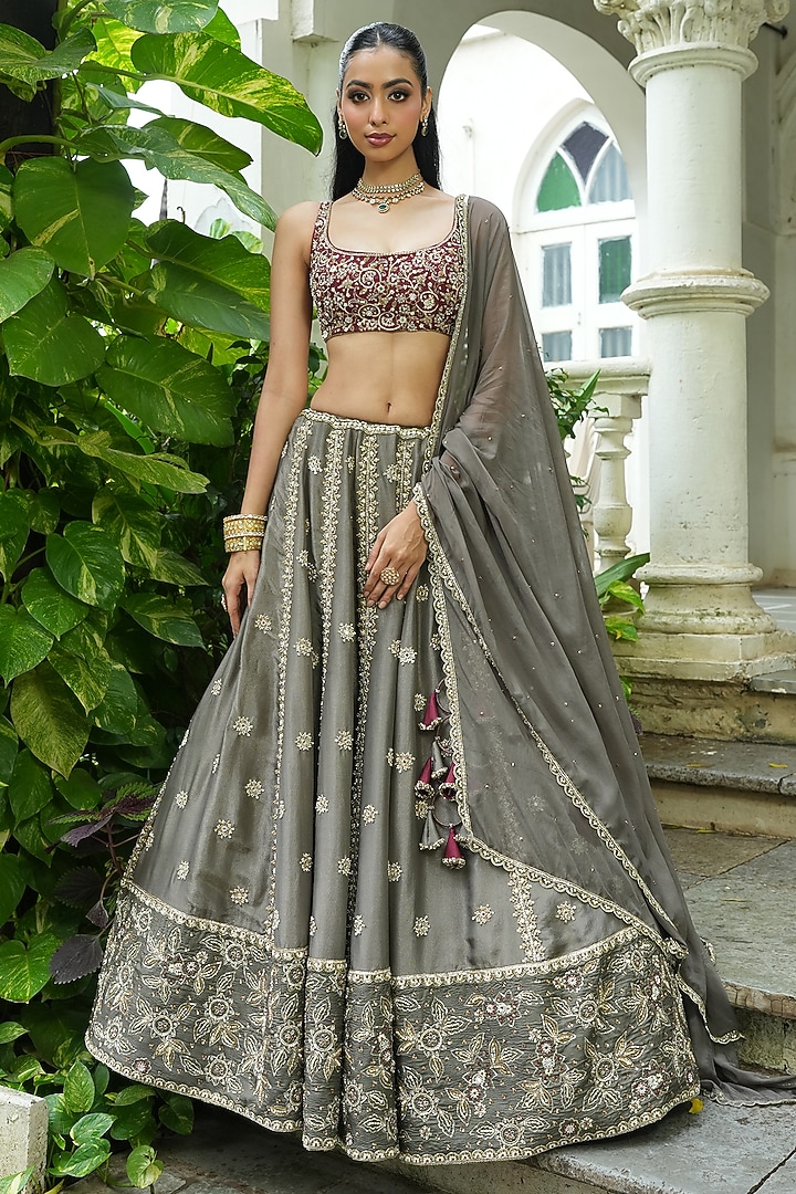 Charcoal Grey Uppada Silk & Organza Zardosi Embroidered Wedding Lehenga Set by EnamourByRadha at Pernia's Pop Up Shop