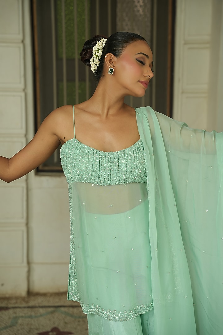 Pastel Blue Chinon Chiffon & Organza Wedding Sharara Set by EnamourByRadha at Pernia's Pop Up Shop