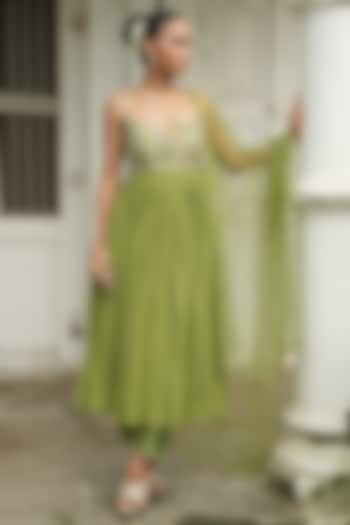 Pista Green Uppada Silk & Crepe Resham Embroidered Wedding Anarkali Set by EnamourByRadha at Pernia's Pop Up Shop