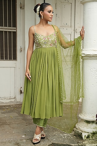 Pista Green Uppada Silk & Crepe Resham Embroidered Anarkali Set by EnamourByRadha