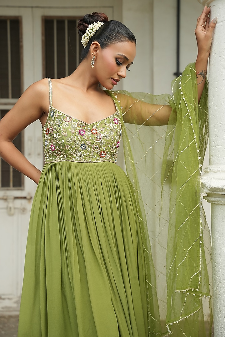 Pista Green Uppada Silk & Crepe Resham Embroidered Wedding Anarkali Set by EnamourByRadha at Pernia's Pop Up Shop