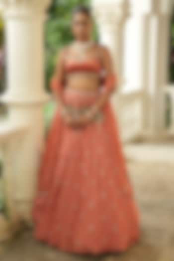 Dusky Peach Uppada Silk Zardosi Embroidered Wedding Lehenga Set by EnamourByRadha at Pernia's Pop Up Shop