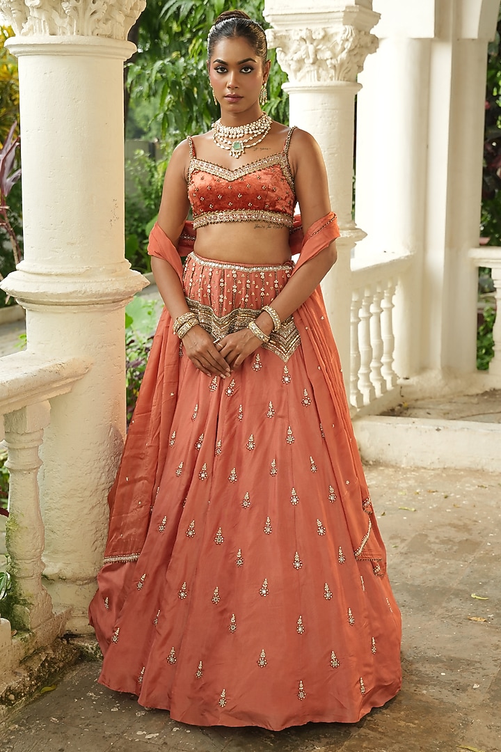 Dusky Peach Uppada Silk Zardosi Embroidered Wedding Lehenga Set by EnamourByRadha at Pernia's Pop Up Shop