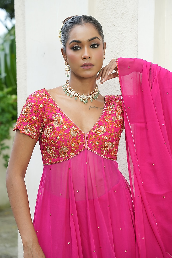Gulabi Pink Uppada Silk & Georgette Cutdana Embroidered Wedding Anarkali Set by EnamourByRadha at Pernia's Pop Up Shop