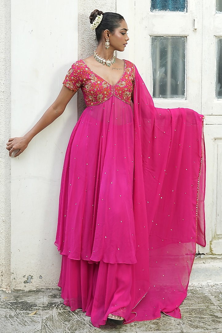 Gulabi Pink Uppada Silk & Georgette Cutdana Embroidered Wedding Anarkali Set by EnamourByRadha at Pernia's Pop Up Shop