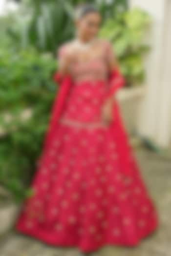 Red Uppada Silk Zardosi Embroidered Wedding Lehenga Set by EnamourByRadha at Pernia's Pop Up Shop