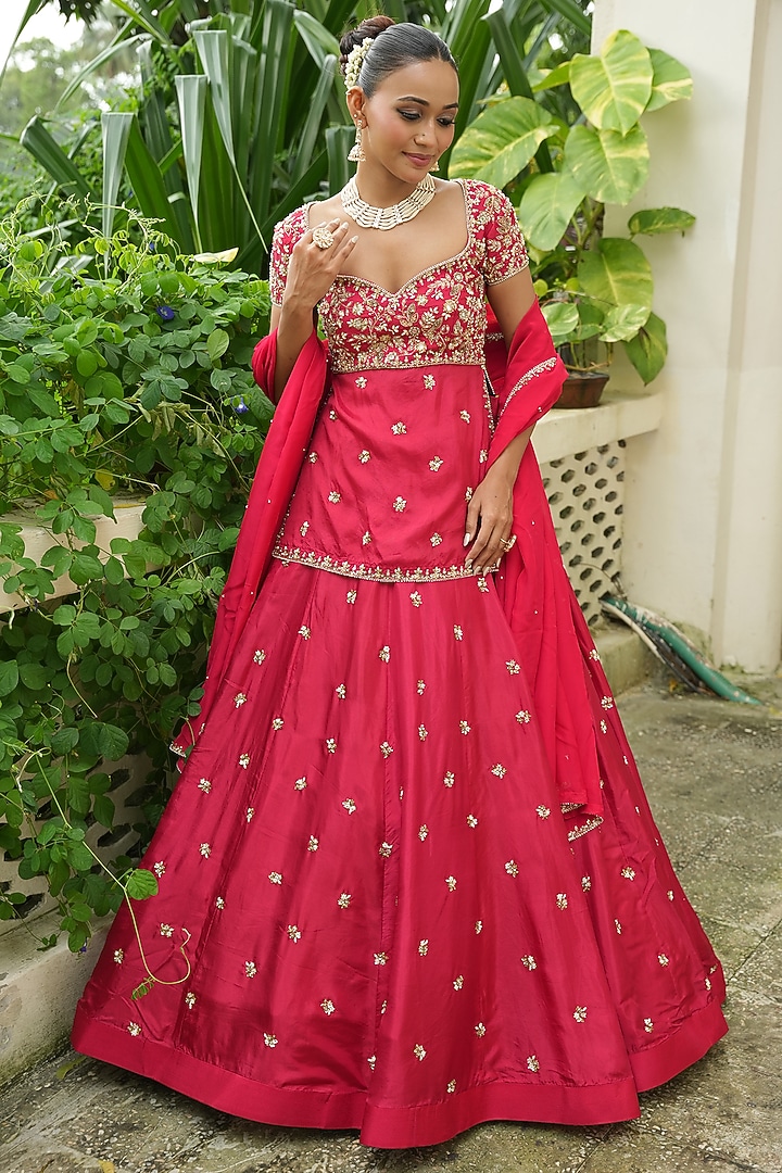 Red Uppada Silk Zardosi Embroidered Wedding Lehenga Set by EnamourByRadha at Pernia's Pop Up Shop