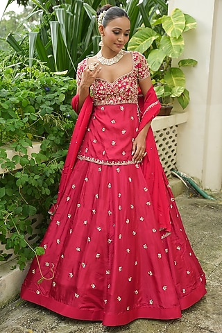 Red Uppada Silk Zardosi Embroidered Lehenga Set by EnamourByRadha