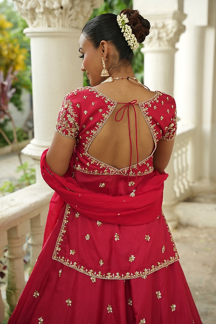 Red Uppada Silk Zardosi Embroidered Wedding Lehenga Set by EnamourByRadha at Pernia's Pop Up Shop