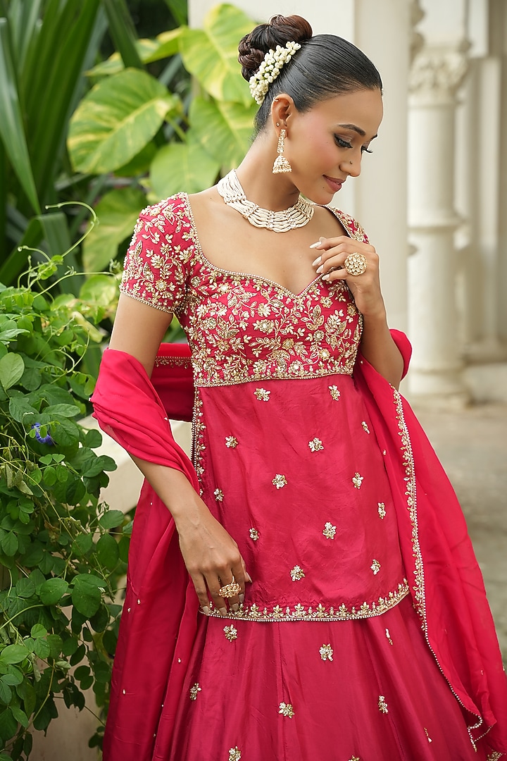 Red Uppada Silk Zardosi Embroidered Wedding Lehenga Set by EnamourByRadha at Pernia's Pop Up Shop